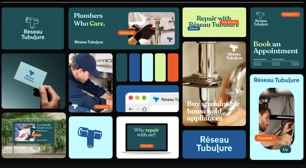 Réseau Tubulure visual identity studies across colors, typography, website and service imagery