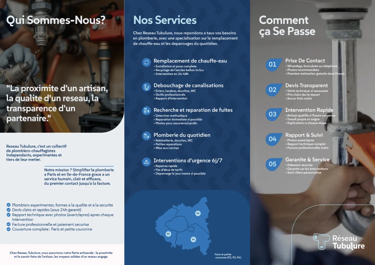 Three panel Réseau Tubulure service brochure layout study